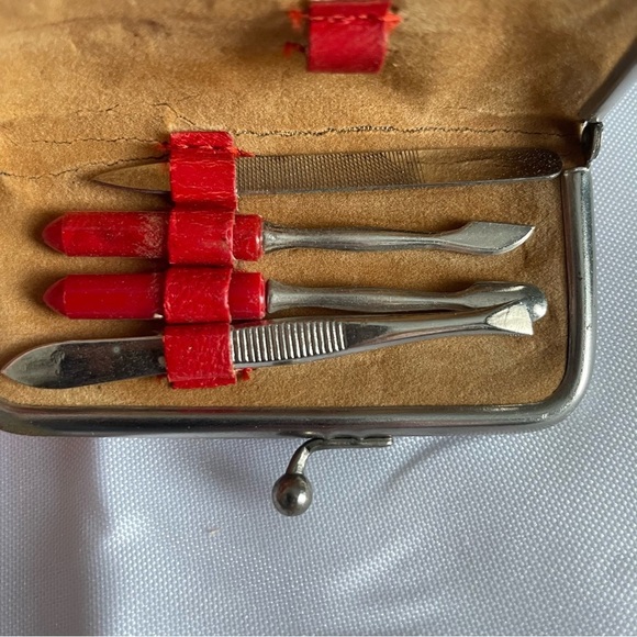 Vintage Grooming Travel Kit Trim Nail Hygene Red Leather Made In Germany - Picture 3 of 5